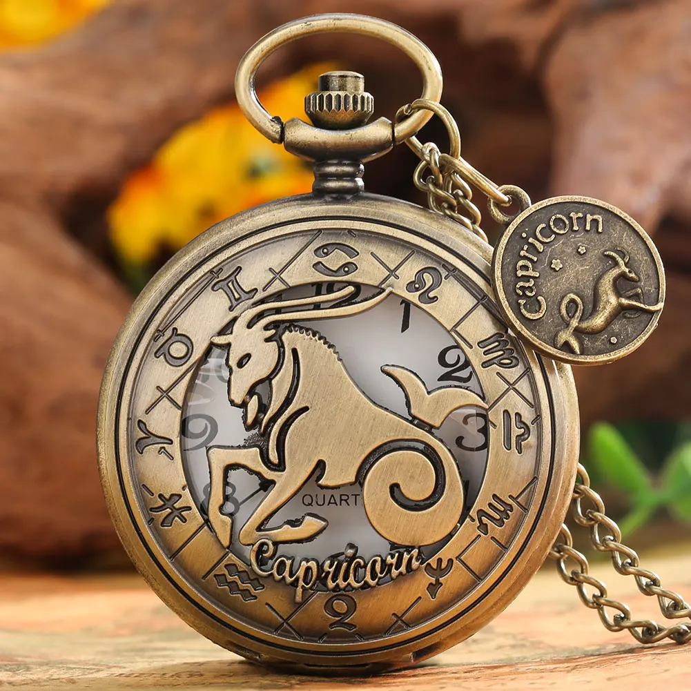 

Hollow Constellation Quartz Pocket Watches Capricorn Fine Chain Tag Bronze Pocket Watch White Dial Arabic Numerals Pendant Clock