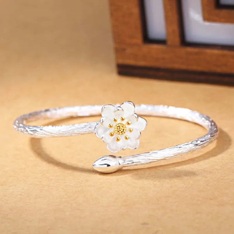 

New Arrival 925 Sterling Silver Lotus Cuff Bracelet For Women Jewelery Gifts
