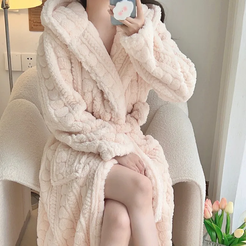 

Flannel Bathrobe Women Fleece Hooded Warm Robe Winter Warm Thermal Thicken Nightgowns Robes Nightwear Pajamas Home Dressing Gown