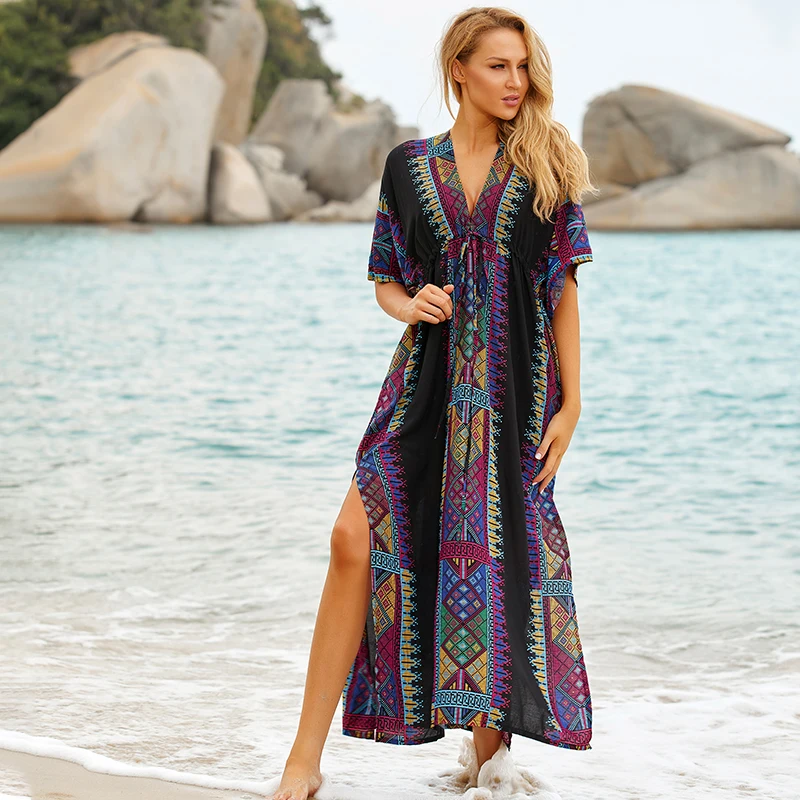 2022 Sexy Cold Shoulder V Neck Bats Sleeve Loose Summer Beach Dress Plus Size Women Beachwear Kaftan Black Dress
2022 Sexy Cold Shoulder V Neck Bats Sleeve Loose Summer Beach Dress Plus Size Women Beachwear Kaftan Black Dress