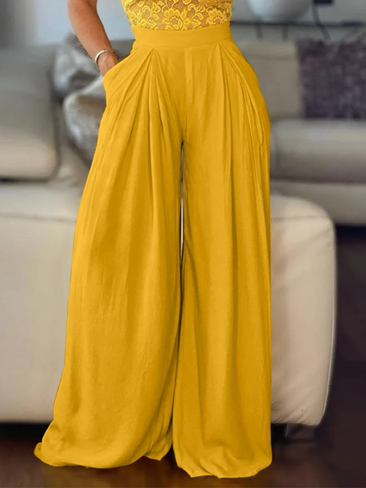 

ZANZEA Women Pleated Wide Leg Pant Oversized Female Pantalons Palazzo 2023 Spring Summer Casual Solid Loose Knitted Long Pants 1
