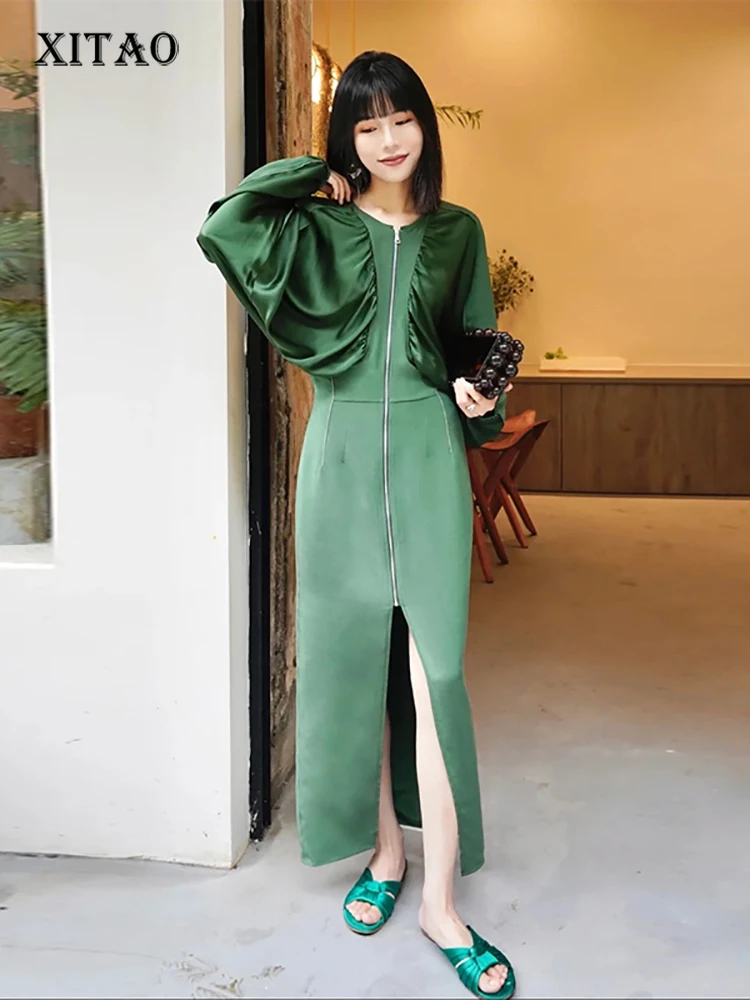 

XITAO Fashion Dress Solid Color French Folds Bat Wing Sleeve Zipper Splicing Slit Hem Autumn New Temperament Women WLD9054