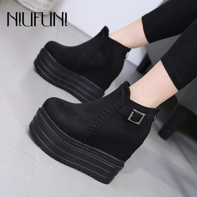 

Pure Black Wedges High Heels Suede Women's Boots Winter Zipper PU Leather Bare Boots Simple Elastic Fabric 13CM Platform Booties