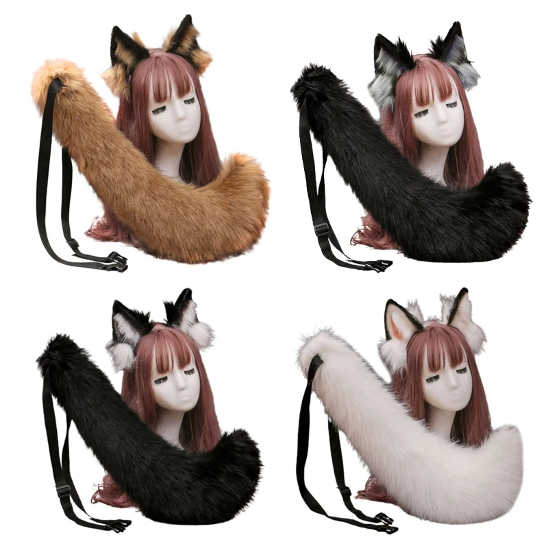 

Faux Fur Wolf Ears Headband and Furry Anmimal Long Tail Set Halloween Party Anime Lolita Masquerade Cosplay Costume