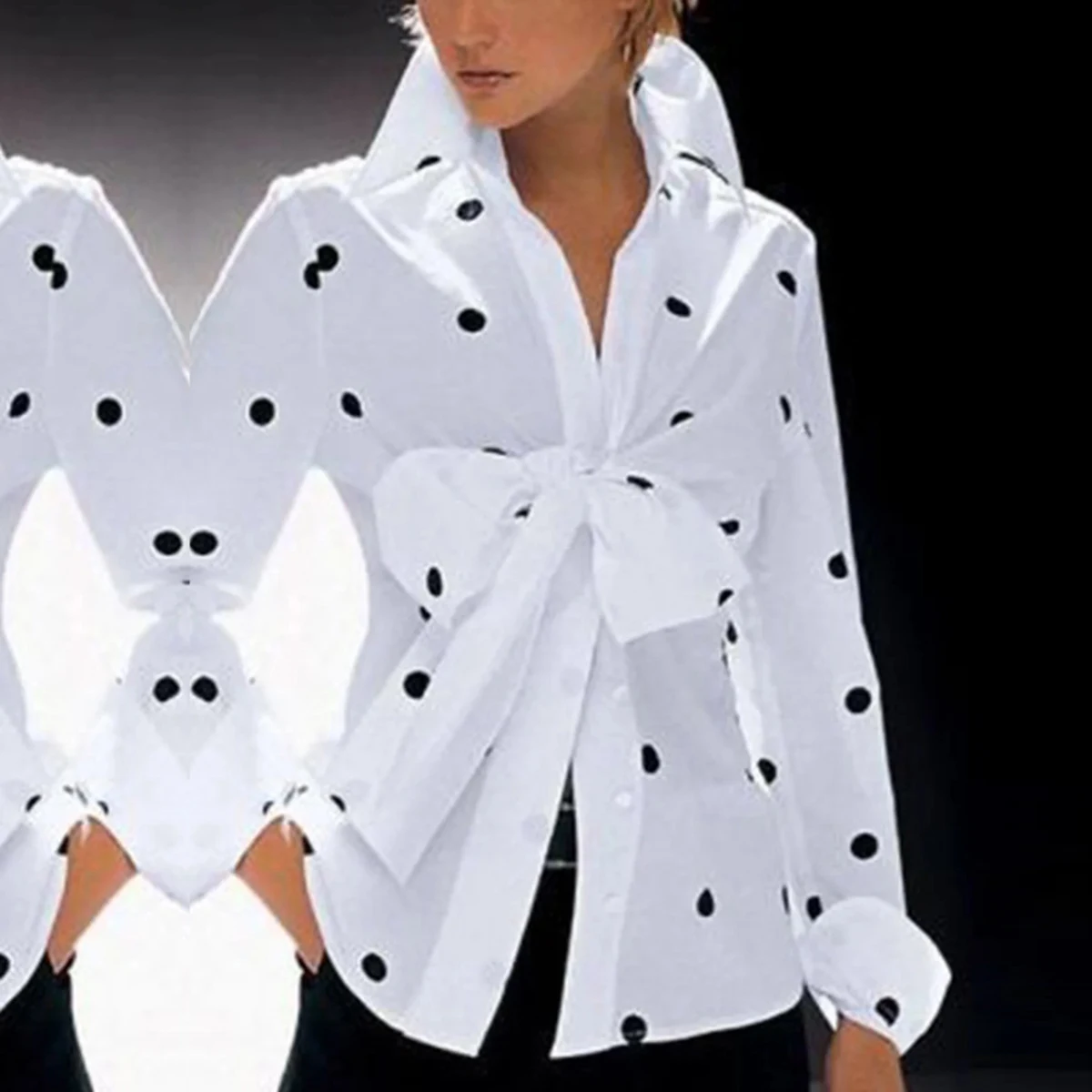 

Female Casual Summer Spring Stylish Urban White Long Sleeves Polka-Dot Lapel Bow-Embellished Blouse Top for Women 2023 New