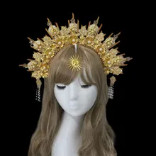 Women Lolita Halo Crown Pearl Beaded Chain Tiara Gothic Headband Luxury Accessories Embossed Hollow Headwear DIY Materials New