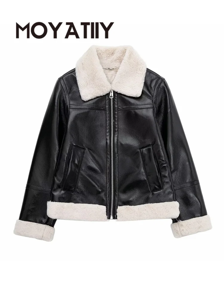 MOYATIIY Women lack Faux Leather Jacket Winter Fashion Thick Warm Crop Coats Vintage Long Sleeve Zipper Female Overcoat 
MOYATIIY Women lack Faux Leather Jacket Winter Fashion Thick Warm Crop Coats Vintage Long Sleeve Zipper Female Overcoat