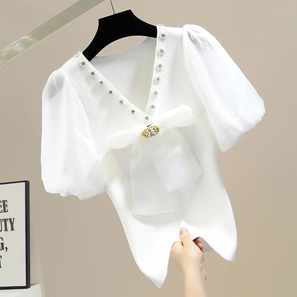 Summer Elegant Diamond Beading Bow Women Sweater Fashion Patchwork Slim Top White Black V-Neck Mesh Puff Short Sleeve Pullover 
Summer Elegant Diamond Beading Bow Women Sweater Fashion Patchwork Slim Top White Black V-Neck Mesh Puff Short Sleeve Pullover