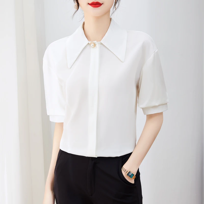 White Color Chiffon Office Lady Women Shirts High-end Professional Button Up Summer Short Sleeve Shirts Blouses For Women 
White Color Chiffon Office Lady Women Shirts High-end Professional Button Up Summer Short Sleeve Shirts Blouses For Women