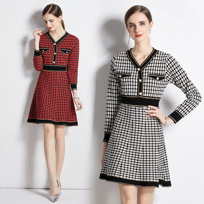 Autumn and winter new ladies temperament V-neck plaid dress ladies knitted skirt QP6298055
Autumn and winter new ladies temperament V-neck plaid dress ladies knitted skirt QP6298055