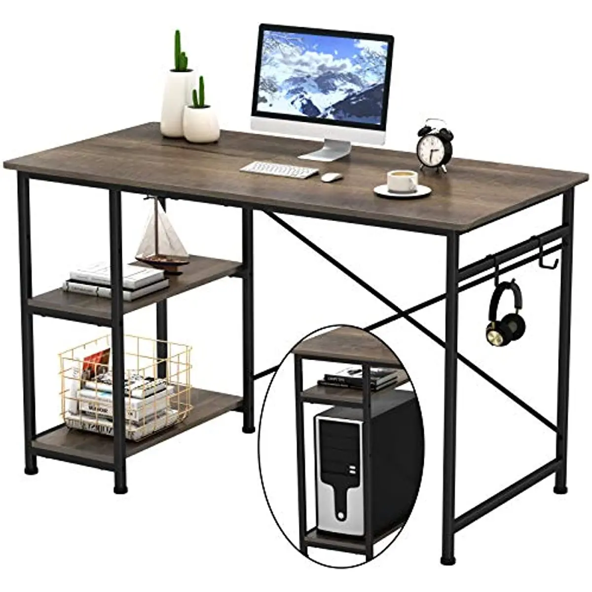 Engriy 47" Writing Computer Desk Home Office Study Desk with 2 Hooks and Storage Shelves Wood Table Metal Frame Black Oak
Engriy 47" Writing Computer Desk Home Office Study Desk with 2 Hooks and Storage Shelves Wood Table Metal Frame Black Oak