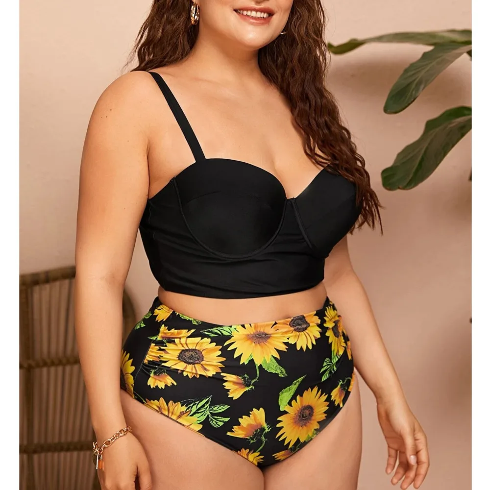 Swimsuit 2022 New Plus Size Sexy Black Sunflower Women's Swimwear Underwire High Waist Bikini Set Large Bathing Suits Beachwear
Swimsuit 2022 New Plus Size Sexy Black Sunflower Women's Swimwear Underwire High Waist Bikini Set Large Bathing Suits Beachwear