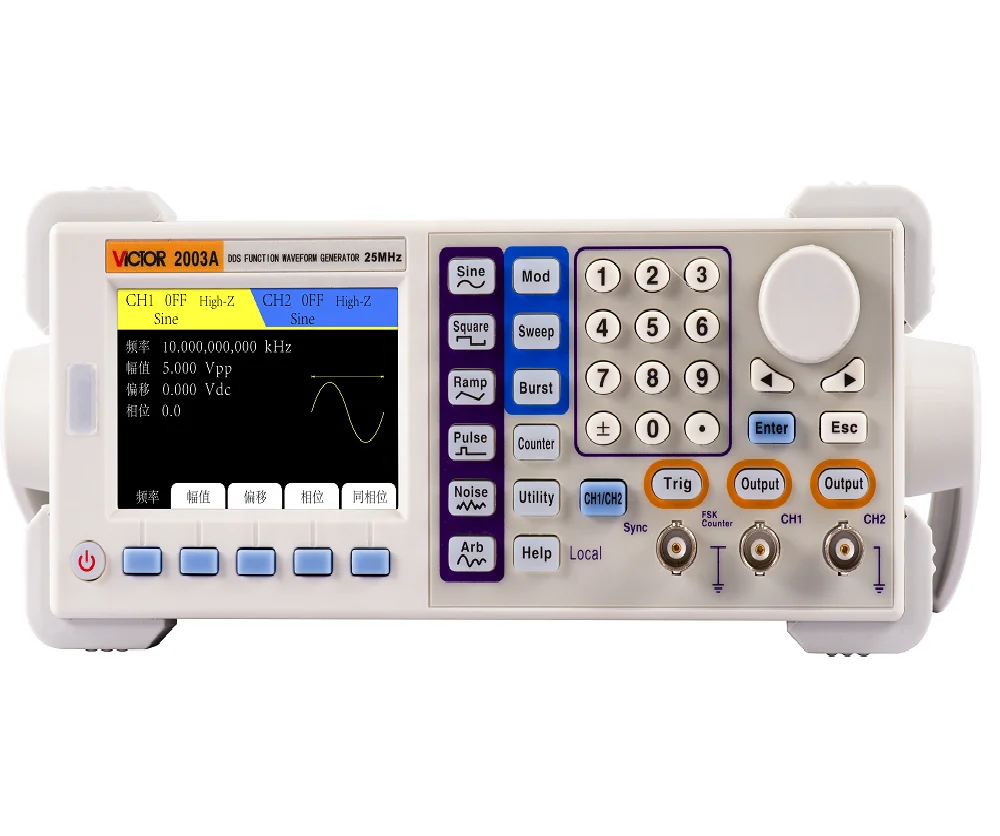 VICTOR 2003A 25MHz Two Channel DDS 32 Digit Counter 200MSa/S 5 Basic 32 Arbitrary waveform USB RS232 Digital Signal Generator
VICTOR 2003A 25MHz Two Channel DDS 32 Digit Counter 200MSa/S 5 Basic 32 Arbitrary waveform USB RS232 Digital Signal Generator