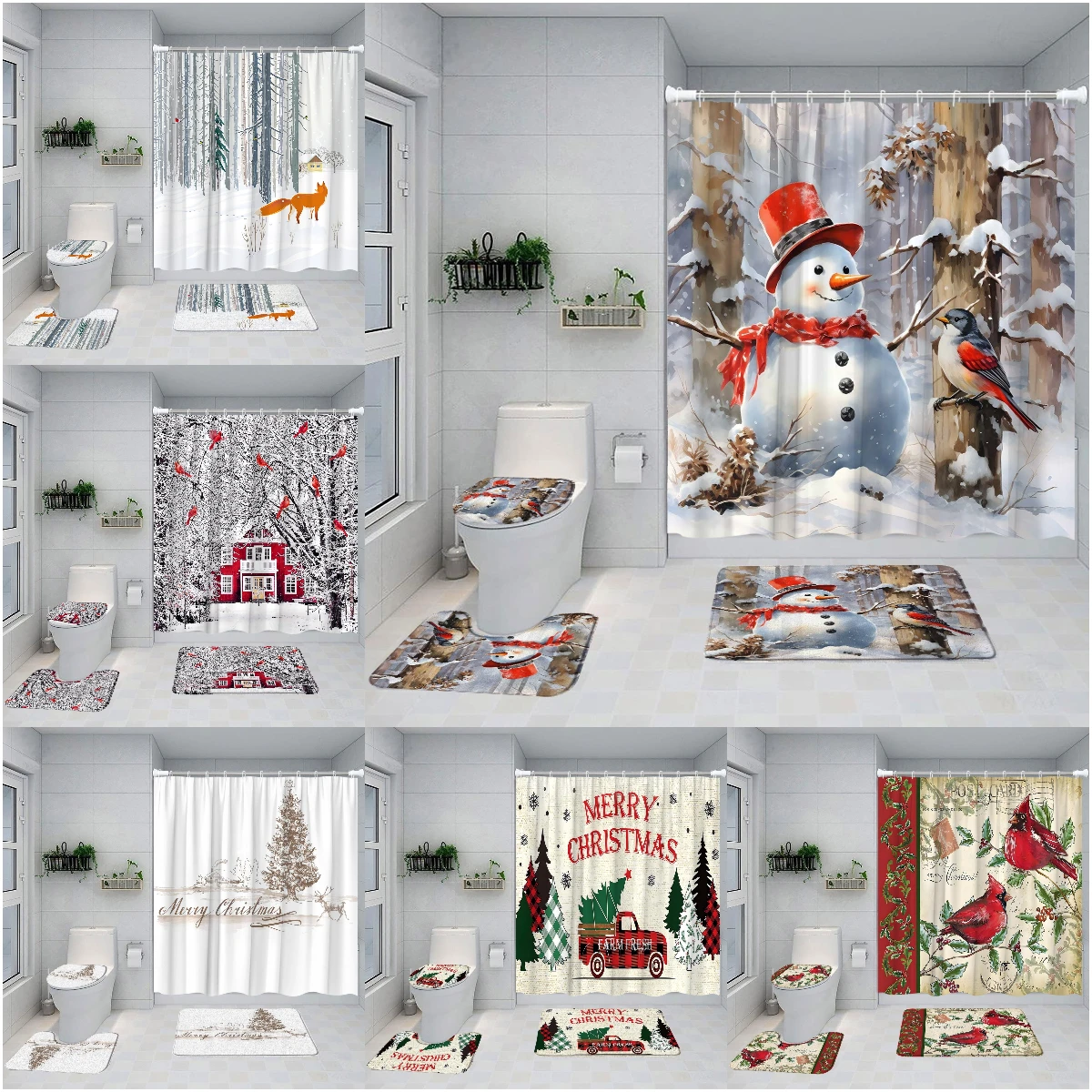 

Christmas Shower Curtain, Winter Snowman Farm Fox Red Bird Barn Snowy Red Truck Cartoon Bathroom Mat Bathroom Decoration Set