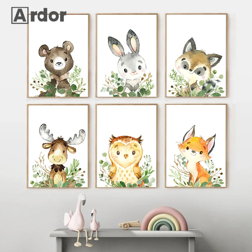 

Nursery Print Plant Leaf Animals Canvas Painting Fox Deer Owl Rabbit Bear Wall Art Poster Nordic Wall Pictures Kids Room Decor