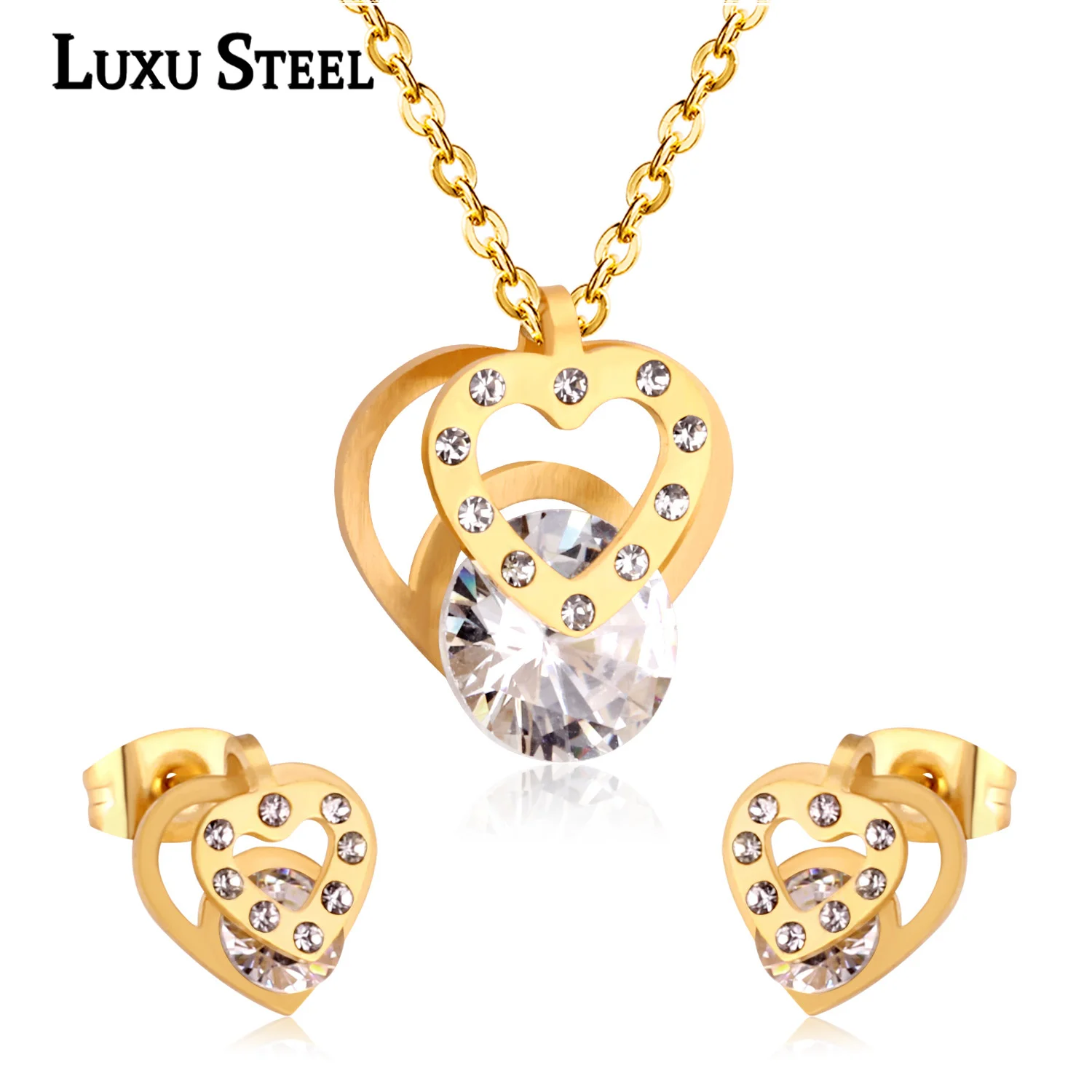 LUXUSTEEL Cubic Zirconia Double Love Earrings Pendant Necklace For Women Jewelry sets Stainless Steel Chain Wedding gift
LUXUSTEEL Cubic Zirconia Double Love Earrings Pendant Necklace For Women Jewelry sets Stainless Steel Chain Wedding gift