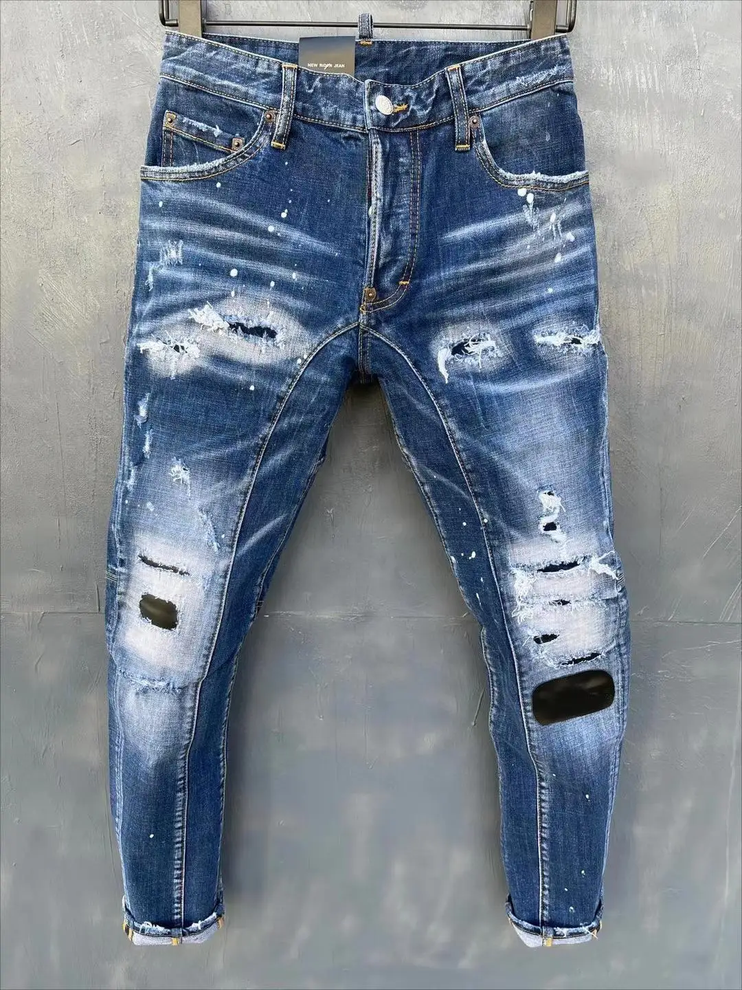 

New Men's Rivet Decoration Hole Black Patch Scratched Ripped Fashion Pencil Pants Jeans T151#