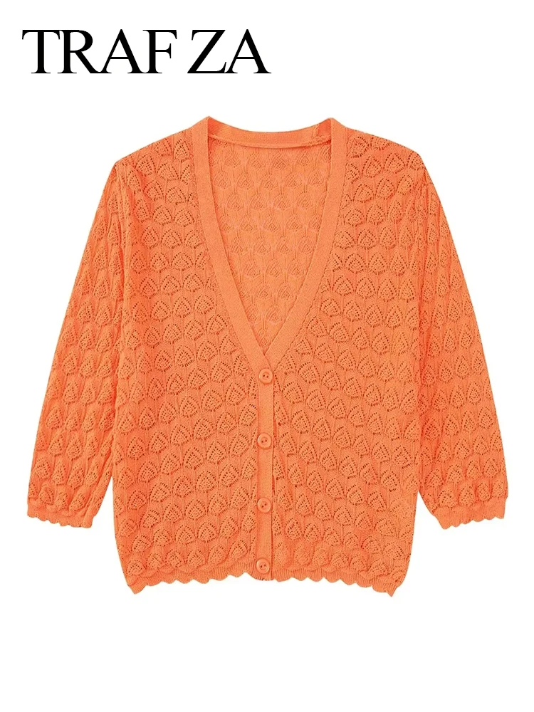 Женский трикотажный кардиган с коротким рукавом, оранжевого цвета 
Женский трикотажный кардиган с коротким рукавом, оранжевого цвета