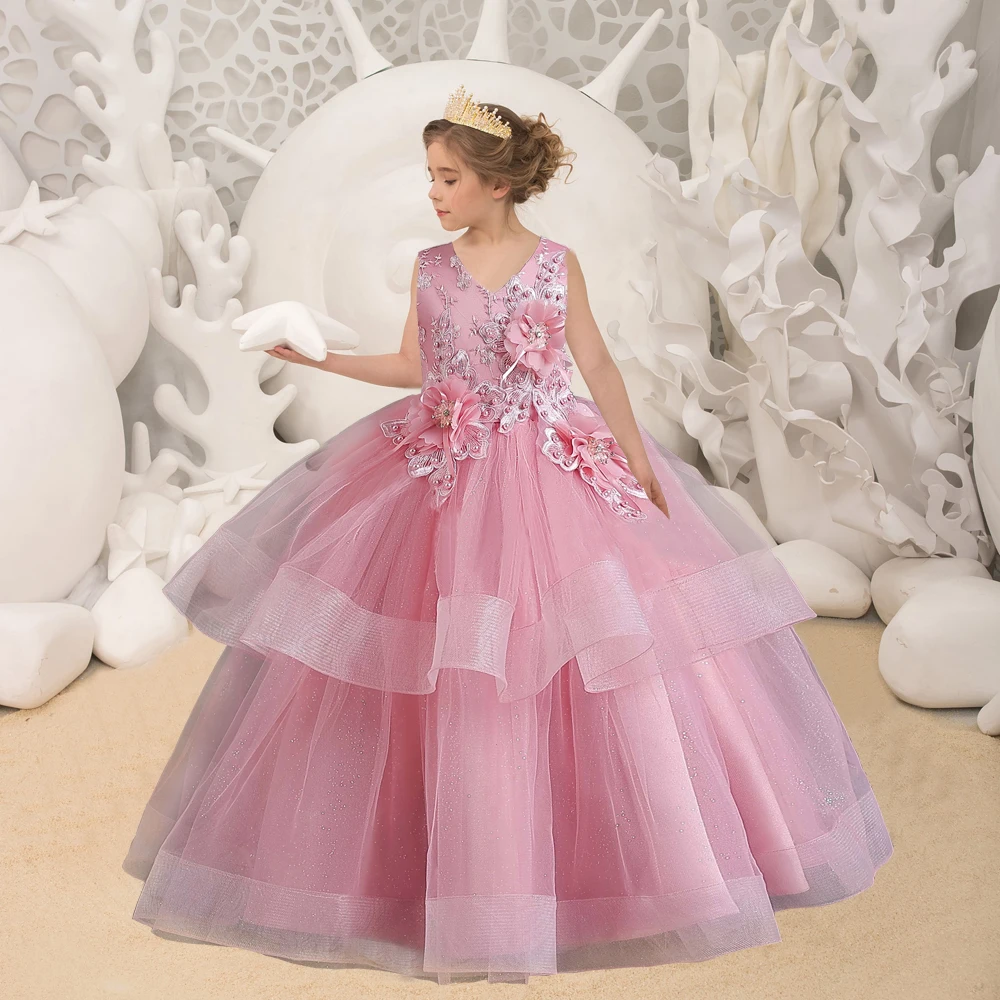 

Элегантное детское платье принцессы с цветами для девочек, платье для рождественской вечеринки, выпускного вечера, фатиновое официальное свадебное платье подружки невесты, Детский костюм