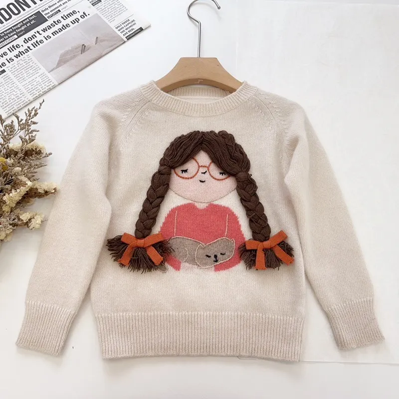 

Осенне-зимние детские вязаные свитера, свитеры из смесовой шерсти для маленьких девочек, интересный вязаный пуловер с тесьмой