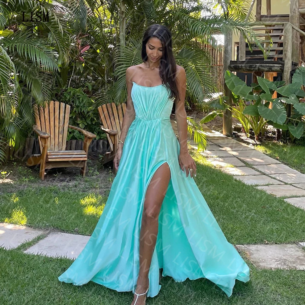

LISM Blue A-line Strapless Side Slit Satin Formal Occasion Party Dresses Sleeveless Classy Floor Length Simple Prom Gowns 2023
