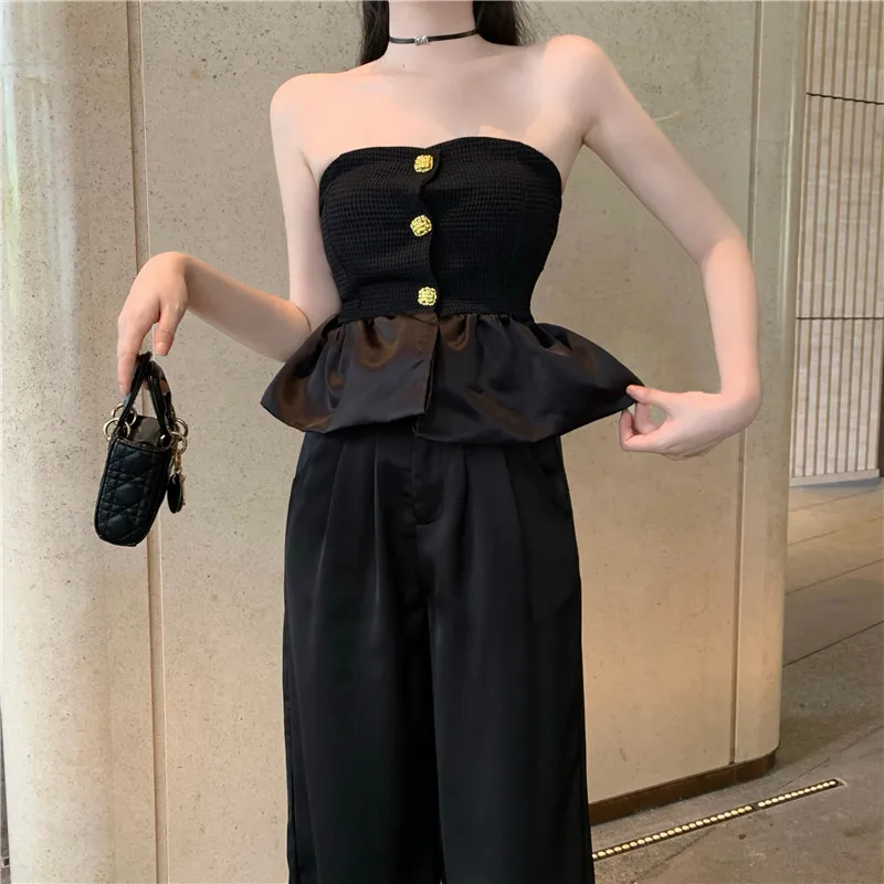 

Fashion All Black Two Piece Suits Sexy Slash Neck Ruffles Hem Camis Top&High Waist Wide Leg Pants New Fall Chic Lady 2pc Sets