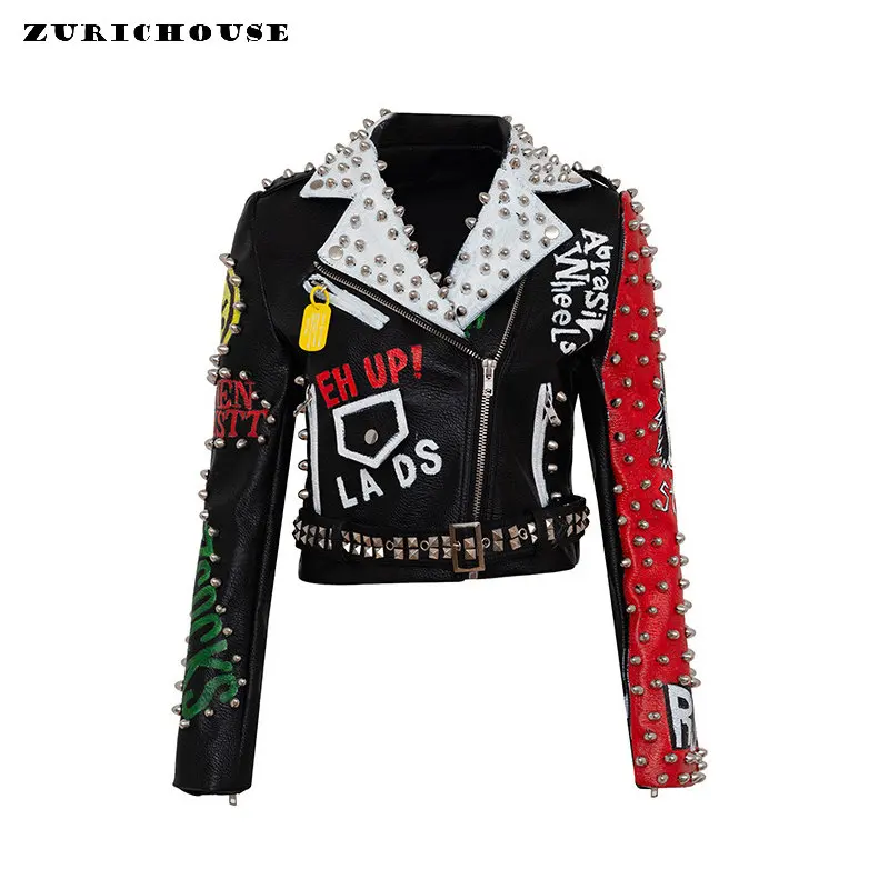 Punk Rivets Motorcycle Leather Jacket Women 2023 Trend Slim-fit Streetwear Graffiti Print Faux Leather Cropped Jacket
Punk Rivets Motorcycle Leather Jacket Women 2023 Trend Slim-fit Streetwear Graffiti Print Faux Leather Cropped Jacket