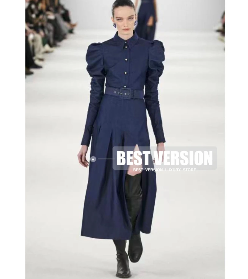 Best Version Runway Luxry Brand Dress for Women Navy Blue Elastic Pleated Puff Sleeve slim fits Women Dresses with matching Belt
Best Version Runway Luxry Brand Dress for Women Navy Blue Elastic Pleated Puff Sleeve slim fits Women Dresses with matching Belt