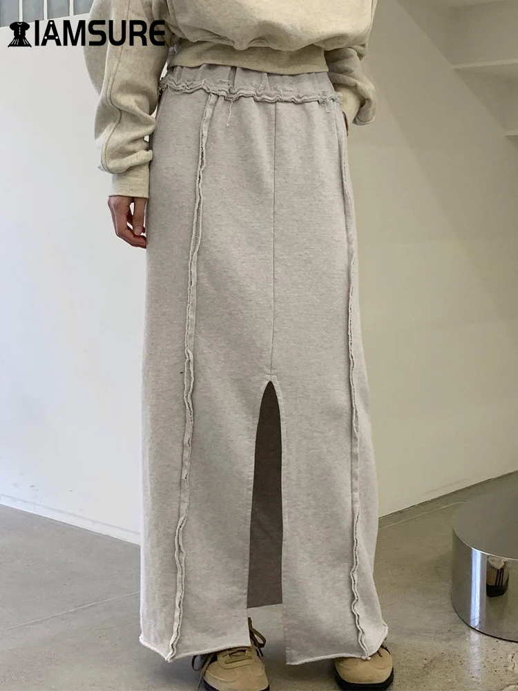 

Повседневная Однотонная юбка IAMSURE с большими карманами и разрезом, базовая облегающая юбка макси с высокой талией, женские осенне-весенние уличные женские юбки 2023