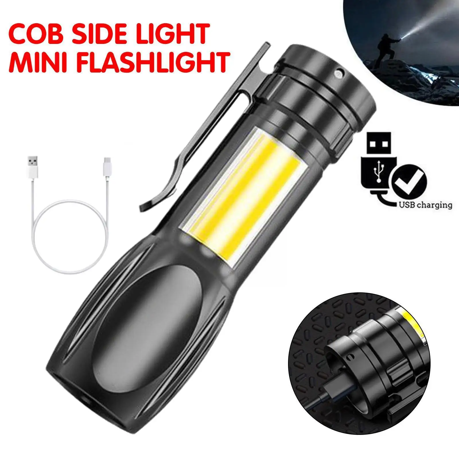 

Portable LED Flashlight Q5 +COB Mini Black 2000LM Waterproof Lantern Lighting Battery 14500 Torch LED Penlight Zoomable AA D5R9