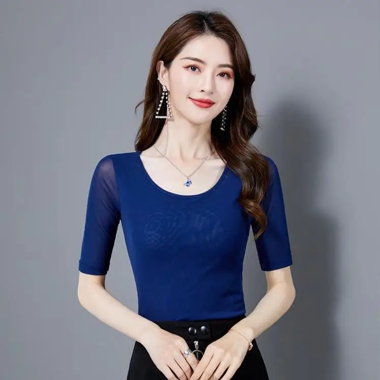 Round Neck Short Sleeve Tshirt Thin Mesh Bottoming Shirt Women's Elegant New Solid Color Half Sleeve Mesh Tops Mujer Camisetas
Round Neck Short Sleeve Tshirt Thin Mesh Bottoming Shirt Women's Elegant New Solid Color Half Sleeve Mesh Tops Mujer Camisetas