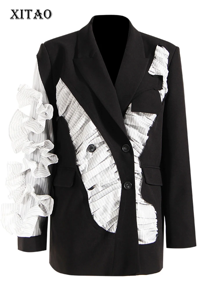 

XITAO Ruffle Blazer Fashion Patchwork Small Fresh Full Sleeve Hit Color Goddess Fan Casual Style Loose Blazer Coat ZY8547