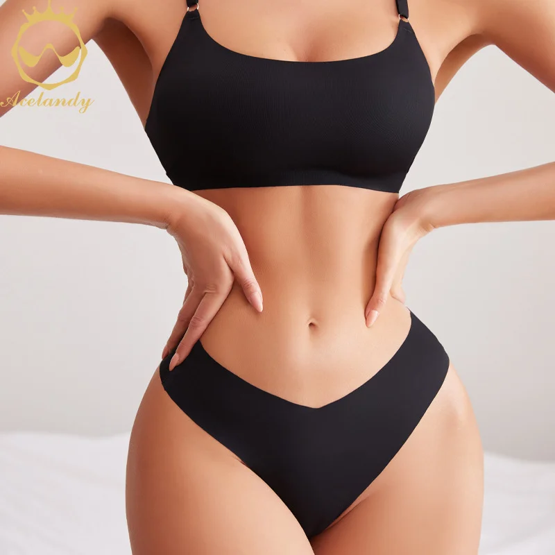 

ACELANDY-Women Seamless Bra Set Sexy Thong Low Waist Panties Wire Free Bralette Lingerie Brassiere Ice Silk Female Underwear Set