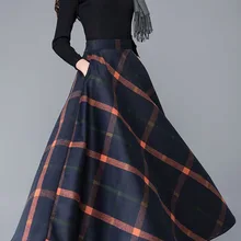Elegant Tweed Plus Size Plaid Long Skirts For Women Autumn Winter Elastic High Waist A-line Skirt Casual Loose Skirts Streetwear