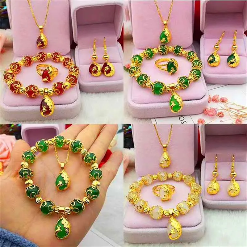 3 Piece Fashion Jewelry 24k Yellow Gold Color Water Wave Chain,Peacock Onyx Women's Luxury Bracelet Women's Engagement Ring Gift 
3 Piece Fashion Jewelry 24k Yellow Gold Color Water Wave Chain,Peacock Onyx Women's Luxury Bracelet Women's Engagement Ring Gift