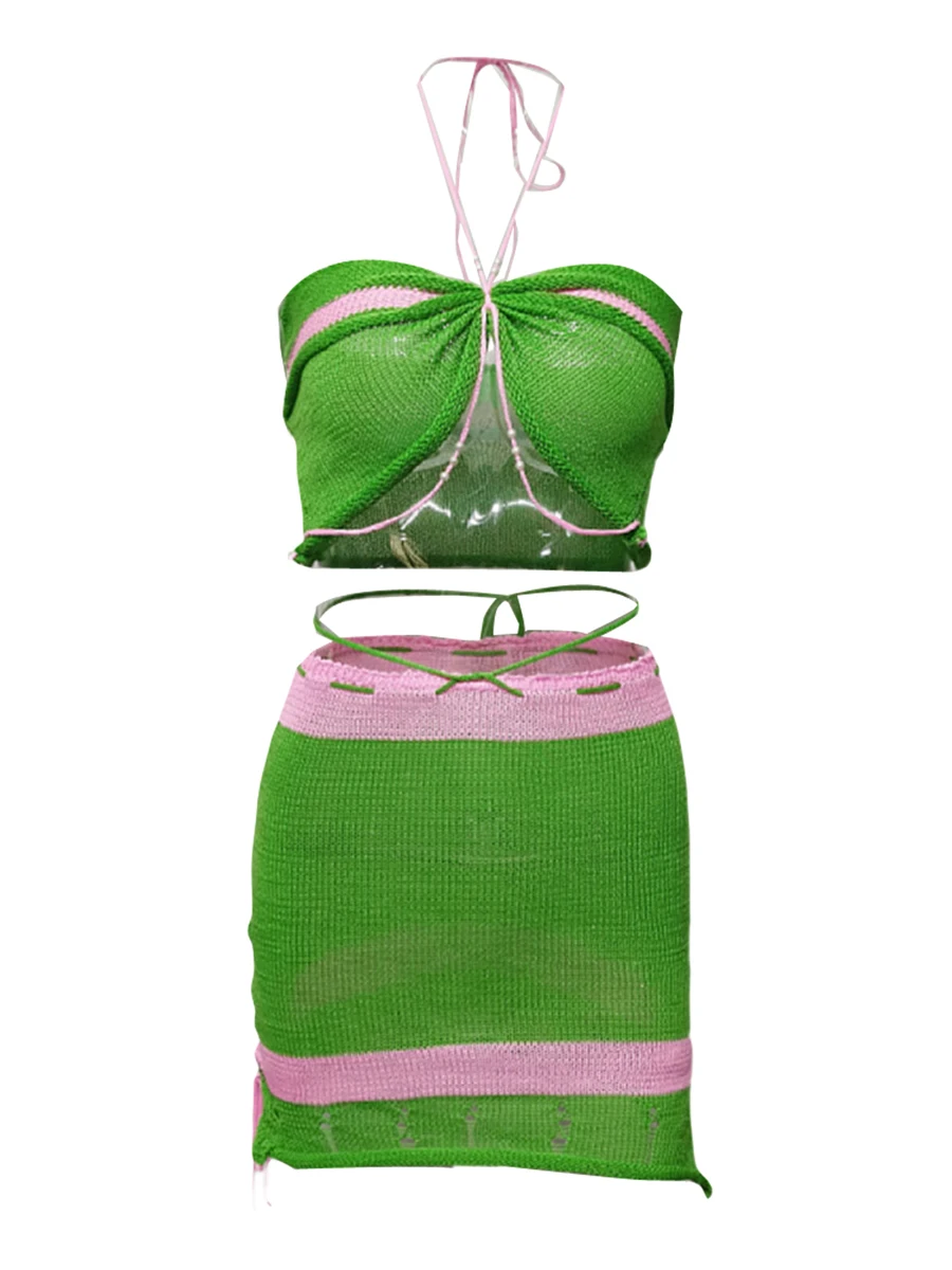 

Женский вязаный крючком комплект Y2k из 2 предметов с юбкой, жилет с лямкой на шее, топ-труба, облегающая мини-юбка с заниженной талией и нарукавники (зеленый