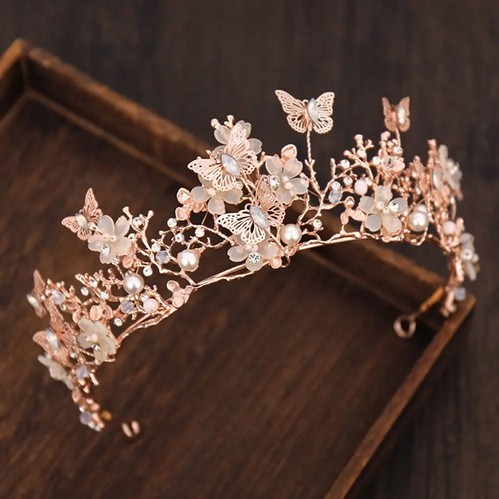 

Hot Hair Accessories Wedding Handmade Bride Tiaras Pearl Rhinestone Crown Tiara Butterfly Hairband Princess Crowns