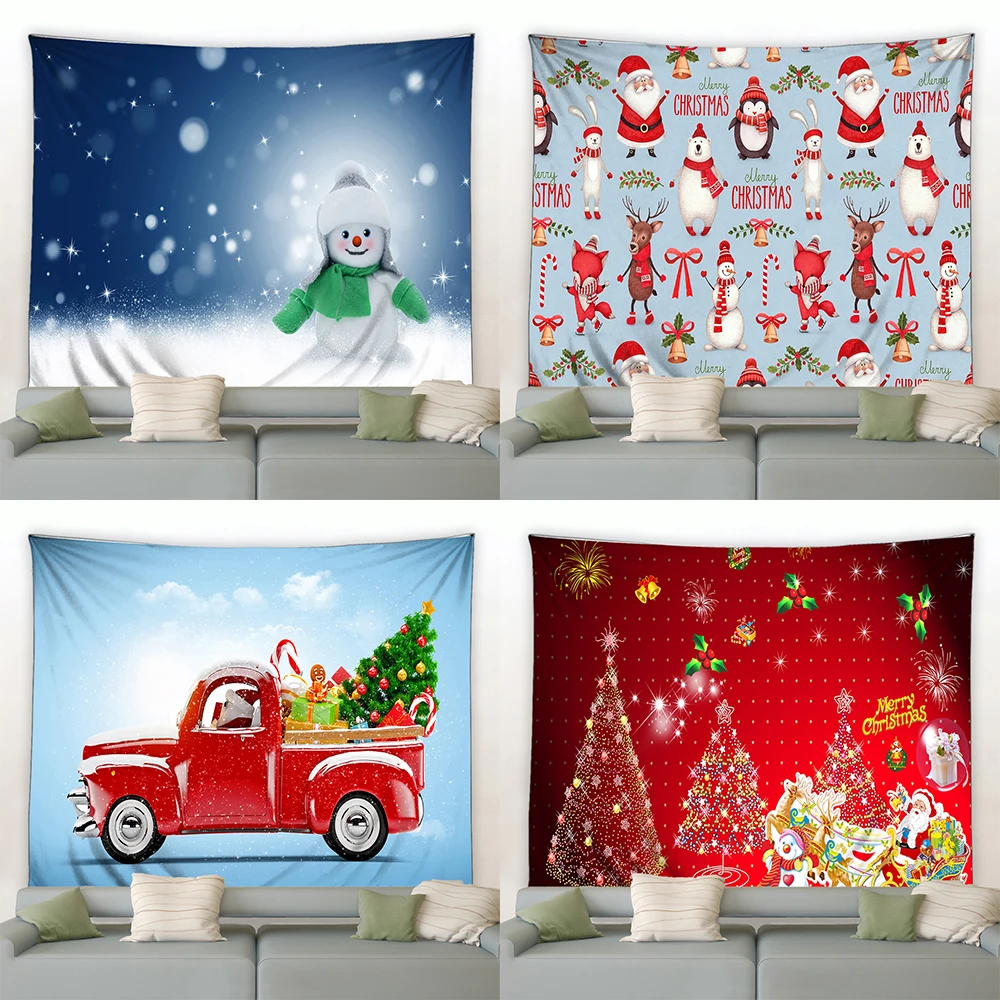

Art Wall Hanging Dormitory Bedroom Living Room Christmas Tapestry Santa Claus Christmas Tree Ball Gift Fireplace Home Decoration