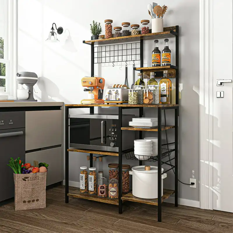 

Многофункциональная кухонная стойка для хранения, кухонная стойка для выпечки с электрической розеткой, стойка для хранения кофе-бара, Деревенский коричневый