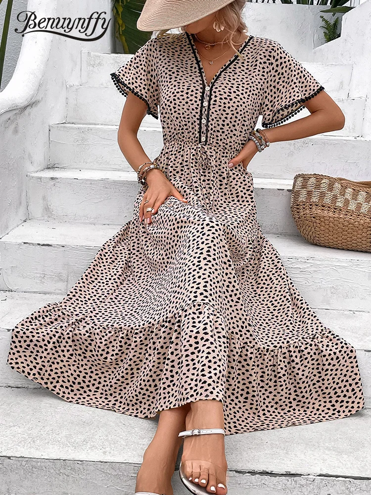 

Benuynffy V-neck Buttons Knot Front Ruffle Hem Dress Women Summer High Waist Short Sleeve Vacation Beach Print Maxi Dresses 2023