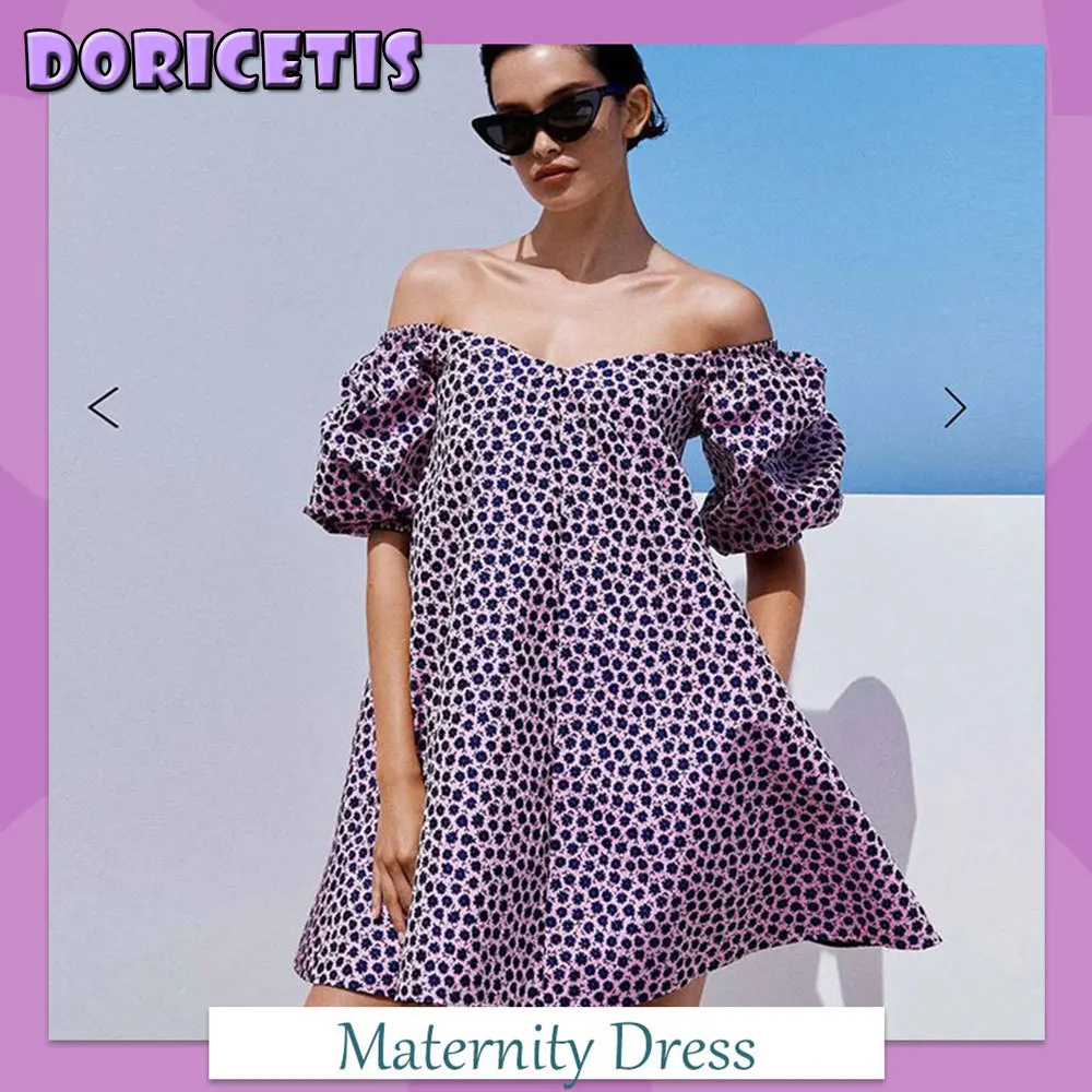 

Платье для беременных фиолетовое с цветочным принтом Однослойная юбка с пышными рукавами летняя новая женская одежда для активного отдыха ...