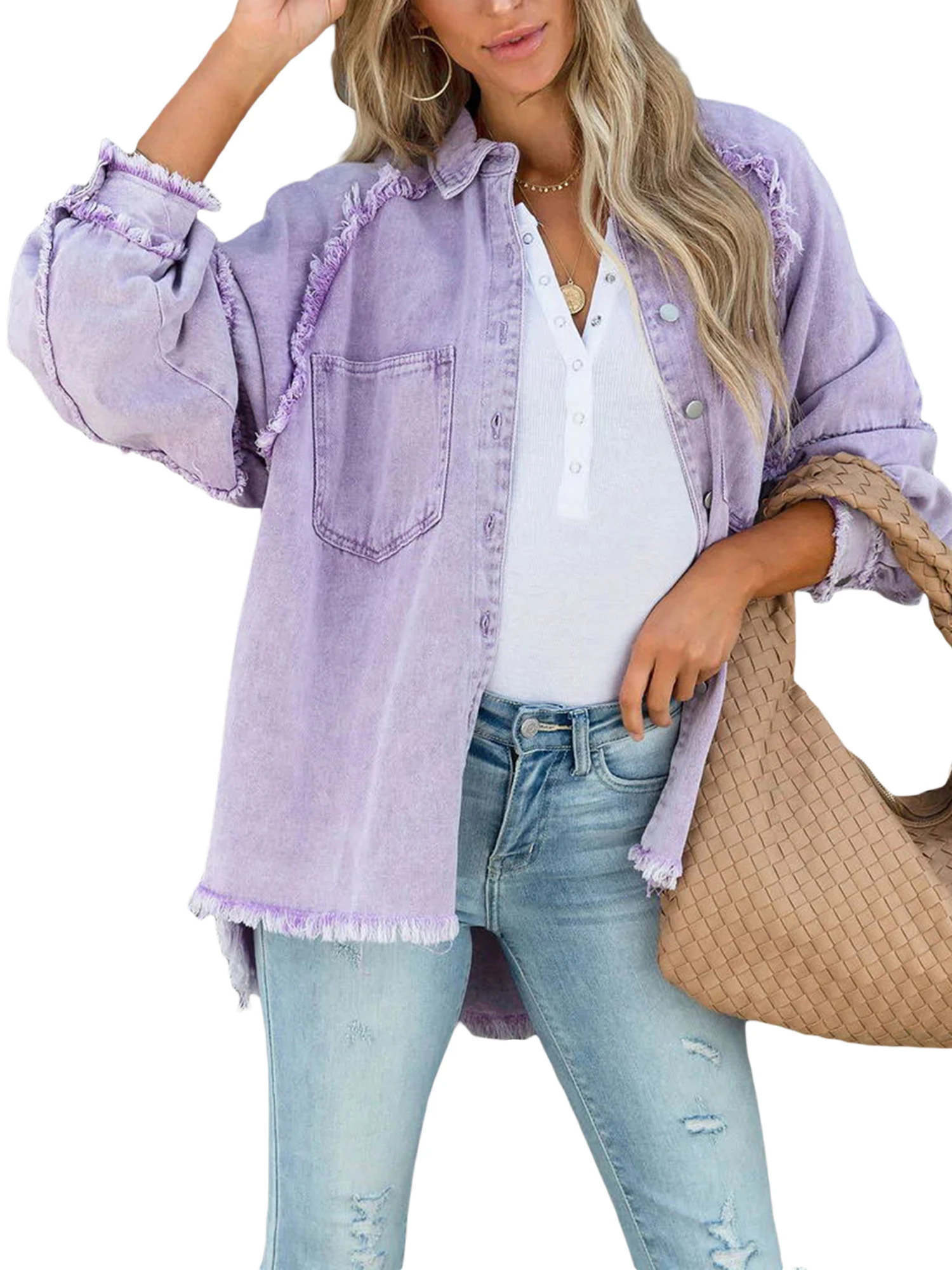 

Women s Vintage Acid Wash Denim Jacket Oversized Loose Fit Long Sleeve Button Down Jean Coat with Distressed Ripped Details