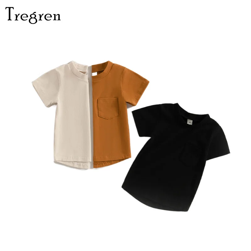 

Tregren Kid Baby Boys T-Shirts Short Sleeve Round Neck Solid Color Chest Pocket Casual Summer Top Tees 6Months-4Years