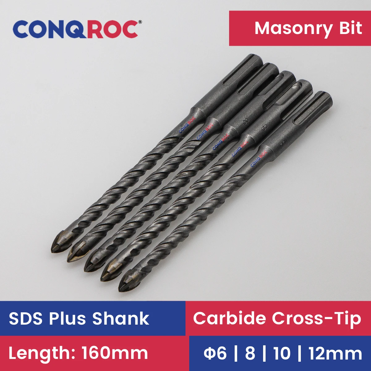 

Masonry Drill Bits SDS Plus Shank for Ceramic Tile Carbide-Cross-Tip Length-160mm 5-Piece-Same-Size Diameter-6~12mm