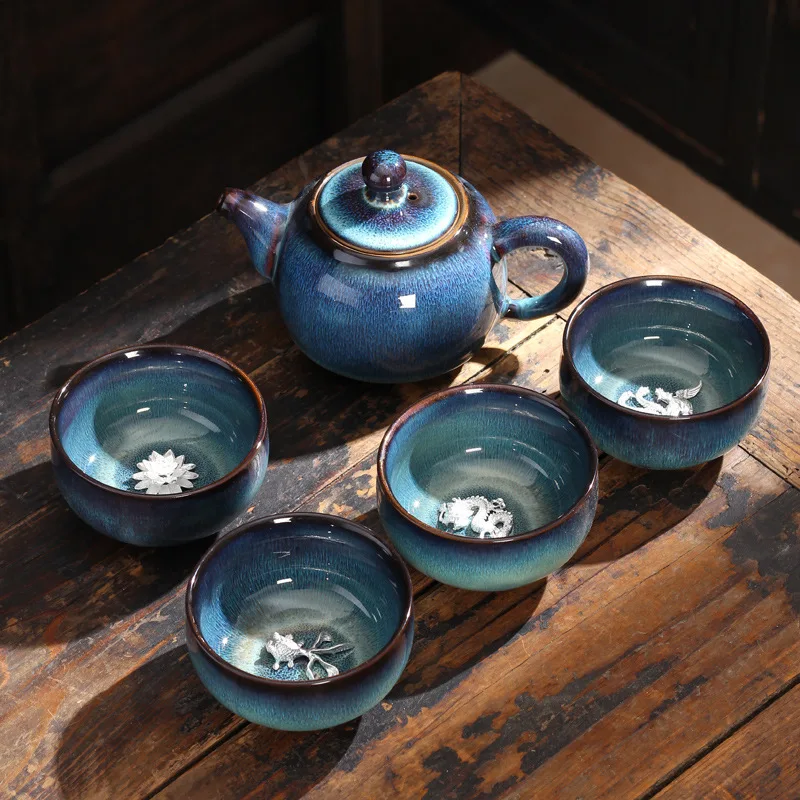 

Серебряная керамическая чайная чашка Jianzhan с инкрустацией, чайный набор, один горшок, четыре чашки, печь, регулируемая глазурь, чайный набор кунг-фу чайный набор, чайная чашка, чайный горшок, подарочная коробка
