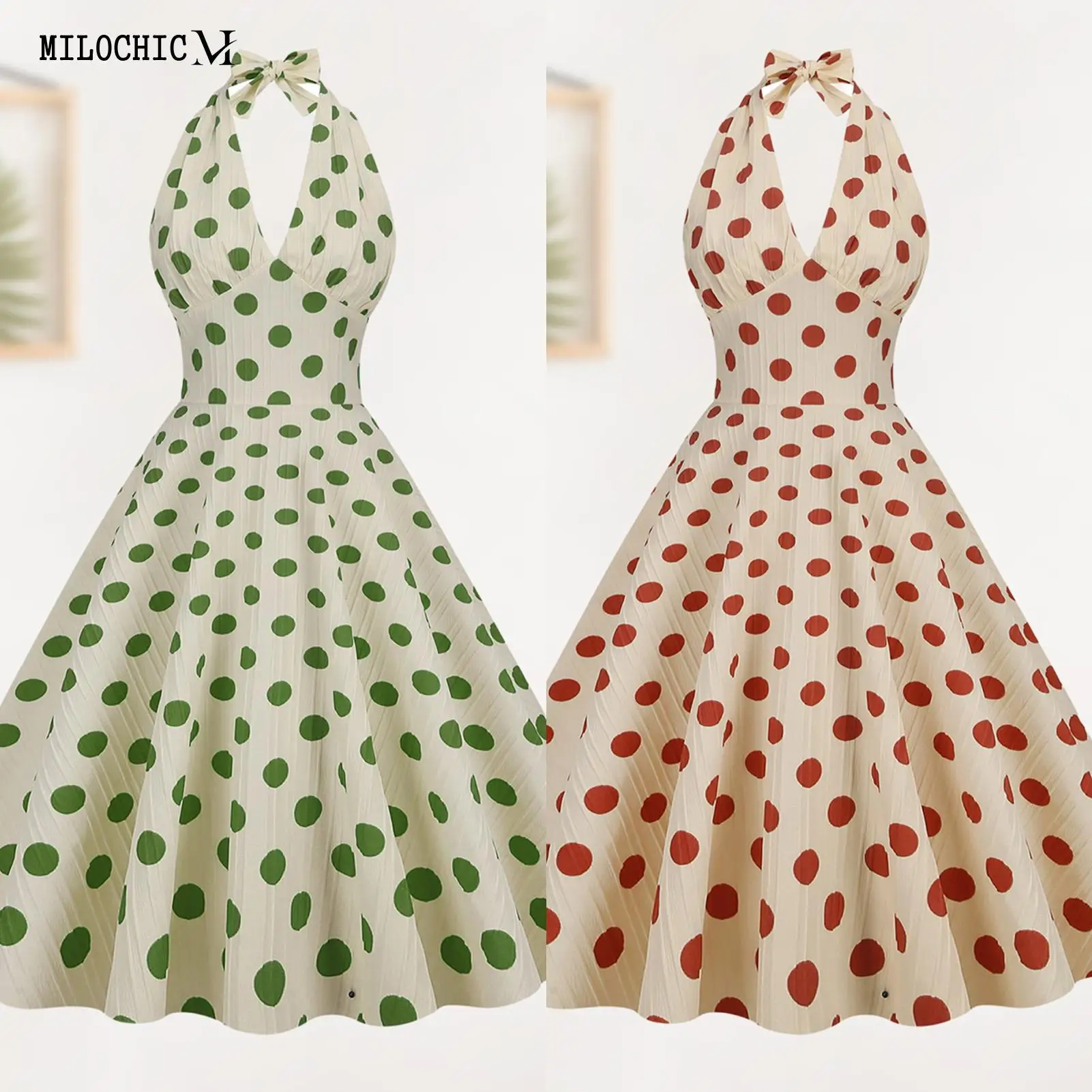 

Polka Dots Ruched Backless Dress Large Hem Deep V Neck Dress Casual Solid Color Chic Retro Long Dress