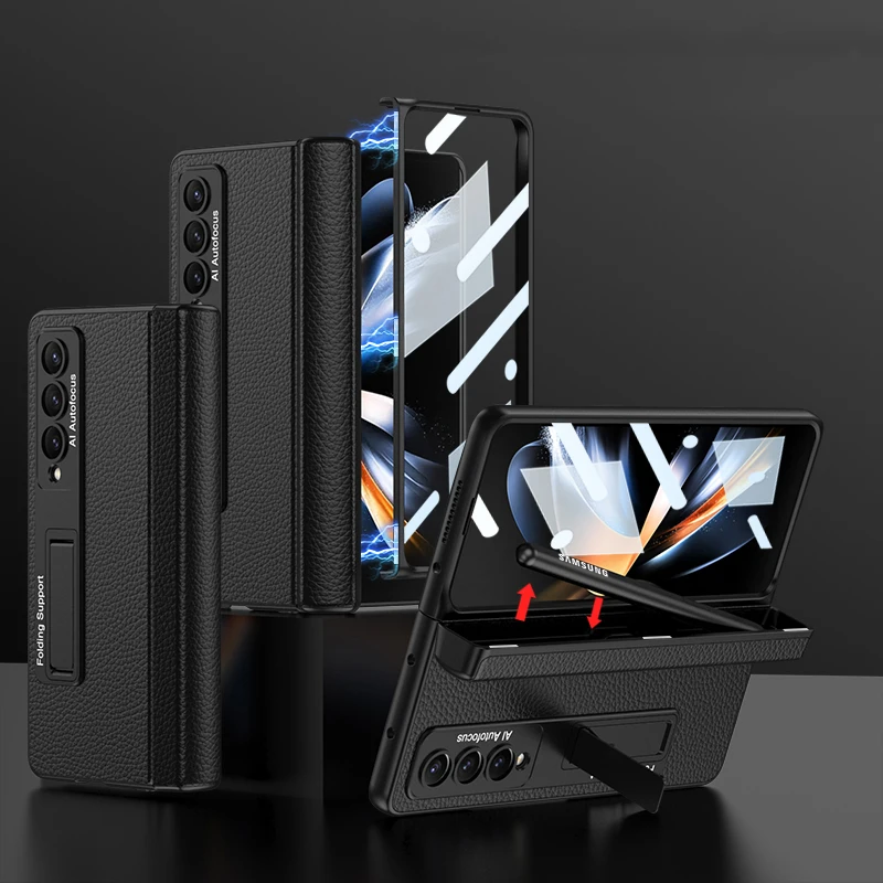 Magnetic Hinge Pen Slot Leather Capa For Samsung Galaxy Z Fold4 Fold 4 Case with Kickstand Glass Film Hard PC Cover
Magnetic Hinge Pen Slot Leather Capa For Samsung Galaxy Z Fold4 Fold 4 Case with Kickstand Glass Film Hard PC Cover