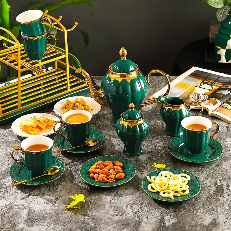 

Керамический кофейный набор с золотой инкрустацией, набор для чайного сервиза из костяного фарфора, зеленая кастрюля, Сливочная чашка, сахар, зеркальная кофейная чашка, чайная кружка, европейская кофейная посуда