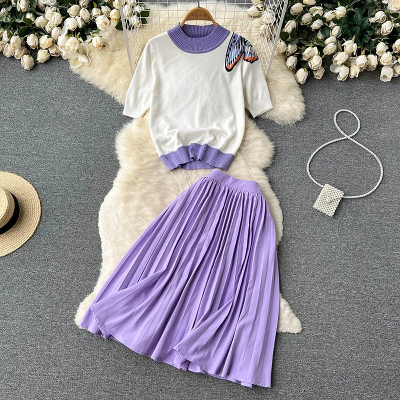 Fashion Sweater Skirt Two Piece Set Women Elegant Lady Butterfly Print Knitted Pullover Tops +Pleated Skirt Suits Female
Fashion Sweater Skirt Two Piece Set Women Elegant Lady Butterfly Print Knitted Pullover Tops +Pleated Skirt Suits Female