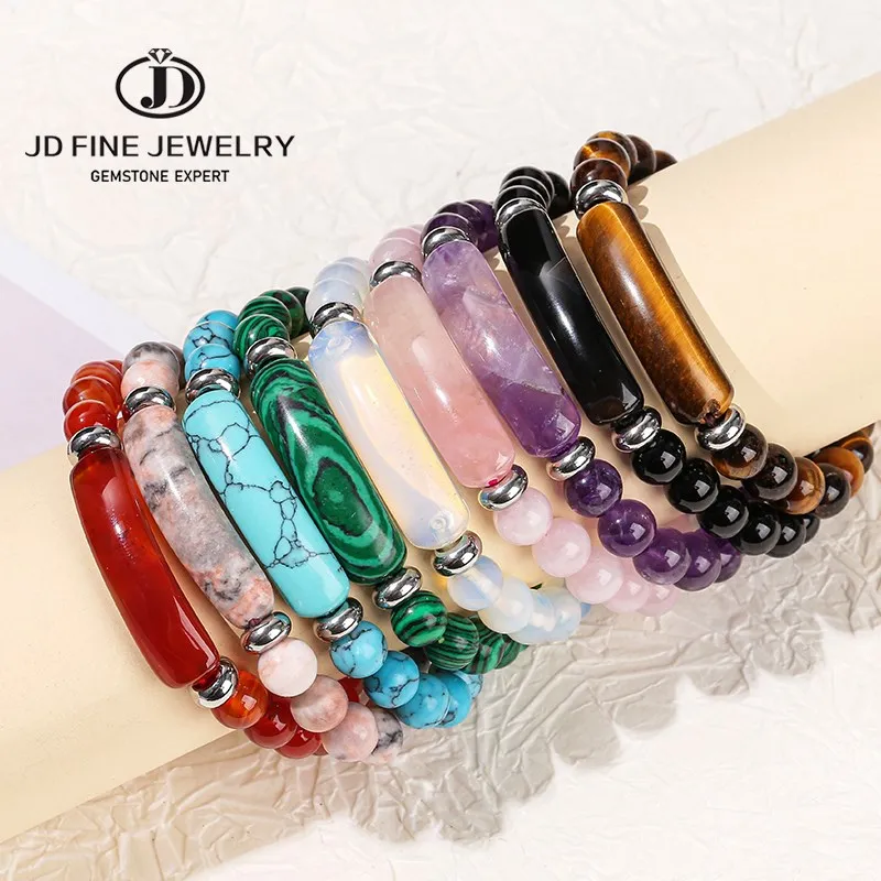 

JD Natural Stone Pink Quartz Agate Rectangle Bar Charm Bead Bracelets Women Reiki Healing Handmade Bangles Couples Jewelry Gift